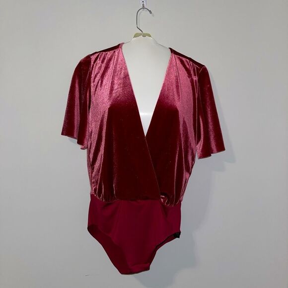 ZARA Rose Velvet Plunge Neckline Draped Going Out Bodysuit - Picture 2 of 6